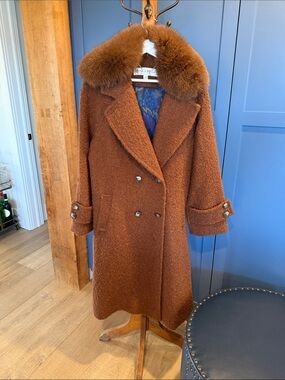 Trina Turk Rust Brown Double-Breasted Fur Collar Pea Coat